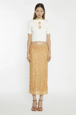 Glamorous Midi & Midaxi Skirts|Orange Olive Paisley Mesh Low-Rise Midi-Skirt -