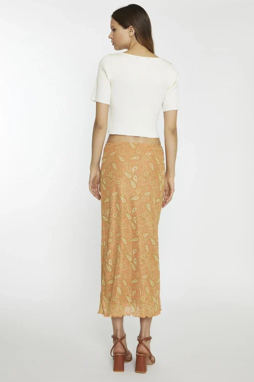 Glamorous Midi & Midaxi Skirts|Orange Olive Paisley Mesh Low-Rise Midi-Skirt -