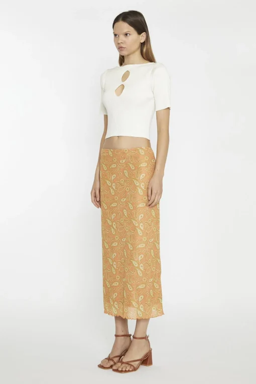 Glamorous Midi & Midaxi Skirts|Orange Olive Paisley Mesh Low-Rise Midi-Skirt -