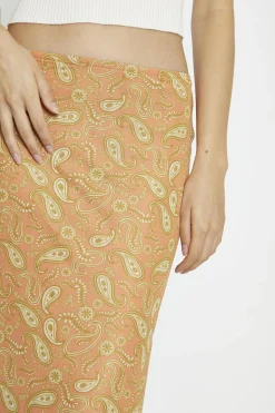 Glamorous Midi & Midaxi Skirts|Orange Olive Paisley Mesh Low-Rise Midi-Skirt -