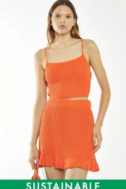 Glamorous Co-ords|Knitted Co-ords|Orange Ruffle Hem Knitted Mini-Skirt -