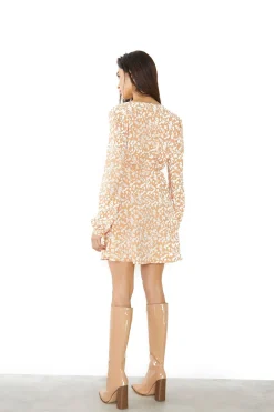 Glamorous Day Dresses|Mini Dresses|Orange Sketchy Flower Tie Waist Long Sleeve Mini Dress -