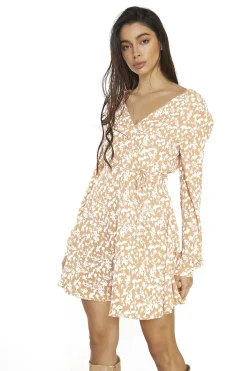 Glamorous Day Dresses|Mini Dresses|Orange Sketchy Flower Tie Waist Long Sleeve Mini Dress -