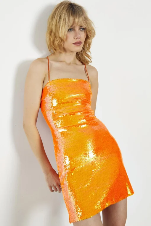 Glamorous Sequin Dresses|Mini Dresses|Orange-Sequin Lace-Up Back Mini-Dress -