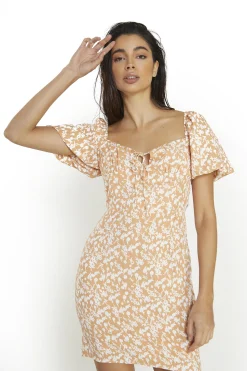 Glamorous Day Dresses|Mini Dresses|Orange-Sketchy-Flower Scoop-Neck-Short-Sleeve-Mini-Dresses -