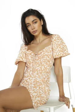 Glamorous Day Dresses|Mini Dresses|Orange-Sketchy-Flower Scoop-Neck-Short-Sleeve-Mini-Dresses -