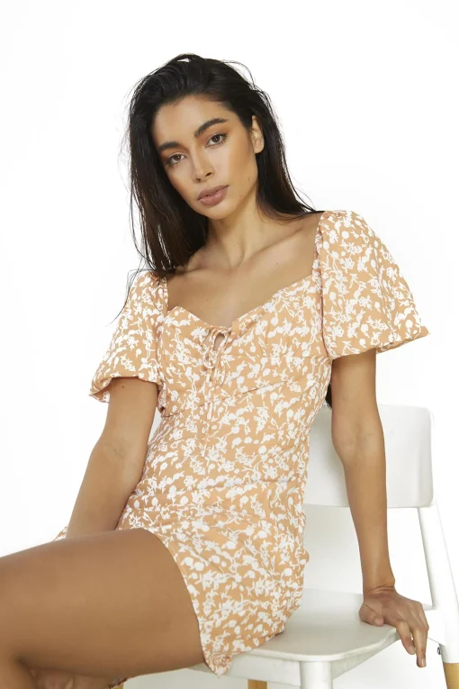 Glamorous Day Dresses|Mini Dresses|Orange-Sketchy-Flower Scoop-Neck-Short-Sleeve-Mini-Dresses -