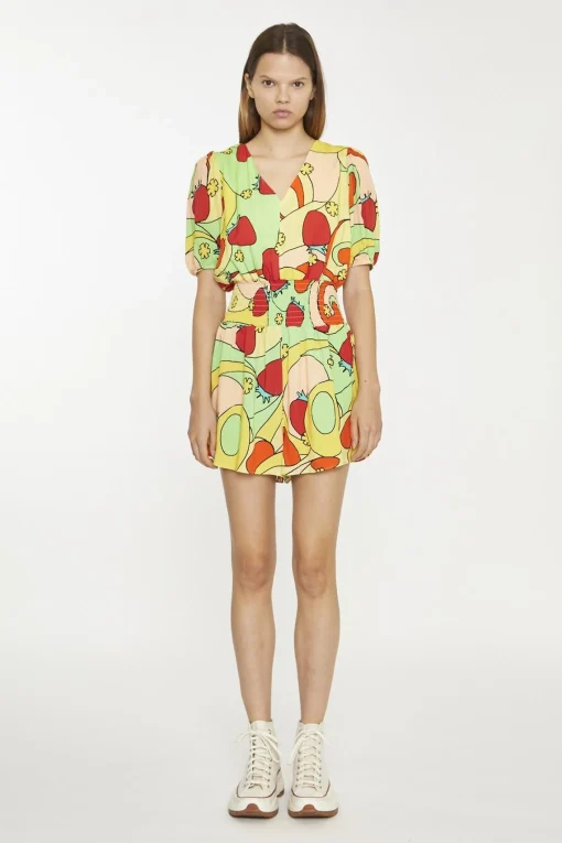 Glamorous Playsuits|Orange-Swirl Strawberry Shirred Waist Loose-Playsuit -