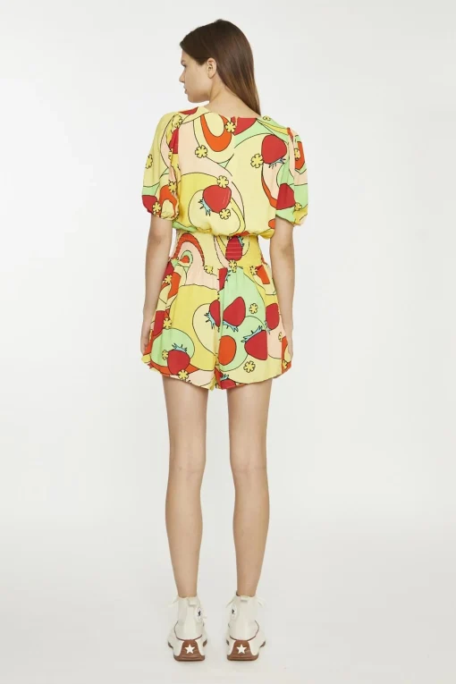 Glamorous Playsuits|Orange-Swirl Strawberry Shirred Waist Loose-Playsuit -
