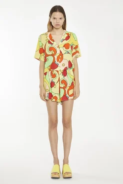 Glamorous Woven Shorts|Orange-Swirl Strawberry Smocked-Waist Loose-Fit-Shorts -