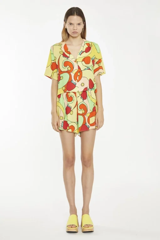 Glamorous Woven Shorts|Orange-Swirl Strawberry Smocked-Waist Loose-Fit-Shorts -