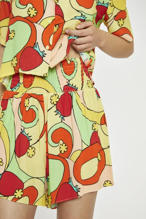 Glamorous Woven Shorts|Orange-Swirl Strawberry Smocked-Waist Loose-Fit-Shorts -