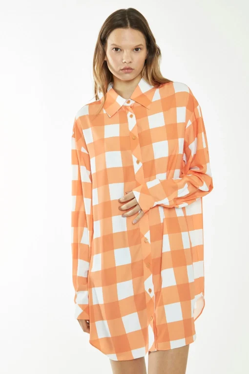 Glamorous Day Dresses|Glamorous Care: Our Sustainable Collection|Orange-White Gingham Long-Sleeve Mini Shirt Dress -