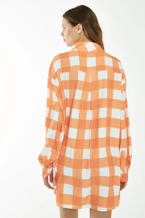 Glamorous Day Dresses|Glamorous Care: Our Sustainable Collection|Orange-White Gingham Long-Sleeve Mini Shirt Dress -