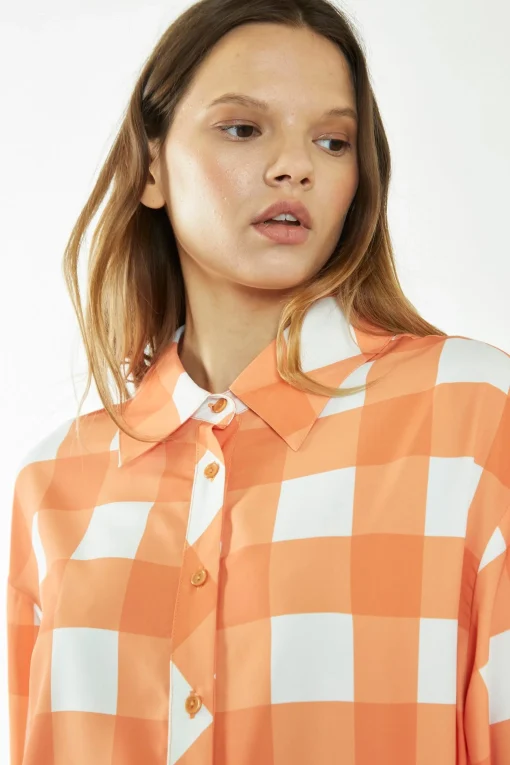Glamorous Day Dresses|Glamorous Care: Our Sustainable Collection|Orange-White Gingham Long-Sleeve Mini Shirt Dress -
