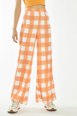 Glamorous Glamorous Care: Our Sustainable Collection|Wide Leg Trousers|Orange-White Gingham Wide Leg Trousers -