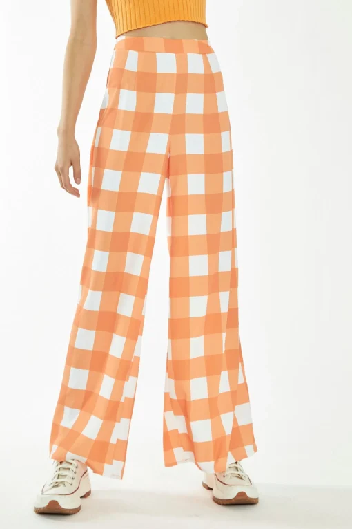 Glamorous Glamorous Care: Our Sustainable Collection|Wide Leg Trousers|Orange-White Gingham Wide Leg Trousers -