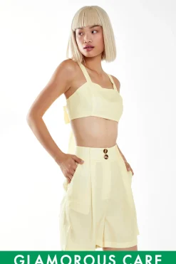 Glamorous Best Dressed Guest|Chic Escapes|Pale Yellow Tie Back Crop-Top -