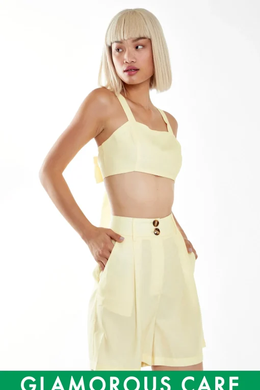 Glamorous Best Dressed Guest|Chic Escapes|Pale Yellow Tie Back Crop-Top -