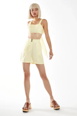 Glamorous Best Dressed Guest|Chic Escapes|Pale Yellow Tie Back Crop-Top -