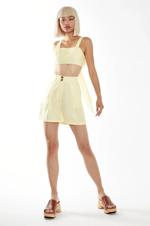 Glamorous Best Dressed Guest|Chic Escapes|Pale Yellow Tie Back Crop-Top -