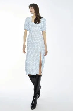 Glamorous Day Dresses|Midi & Midaxi Dresses|Pale-Blue Ditsy Square-Neck Split Midi-Dress -
