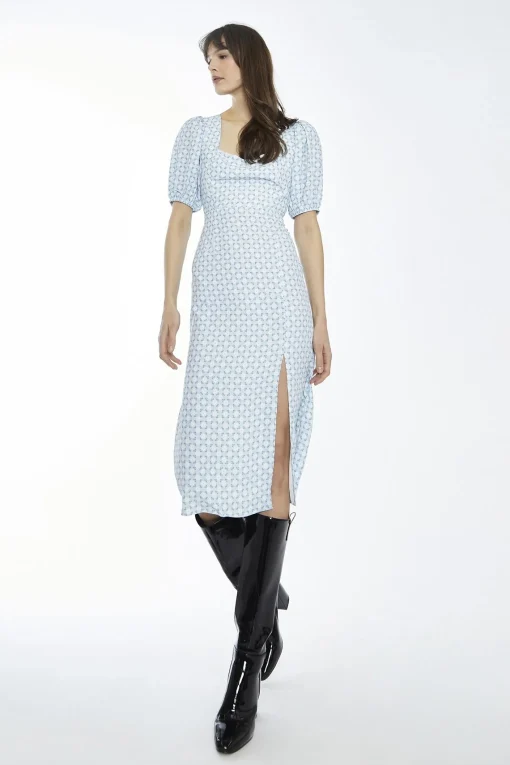 Glamorous Day Dresses|Midi & Midaxi Dresses|Pale-Blue Ditsy Square-Neck Split Midi-Dress -