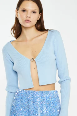 Glamorous Tops & T-shirts|Crops, Corsets & Bodysuits|Pale-Blue Flower Buckle Knitted-Top -