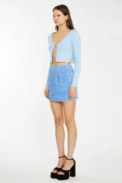 Glamorous Tops & T-shirts|Crops, Corsets & Bodysuits|Pale-Blue Flower Buckle Knitted-Top -
