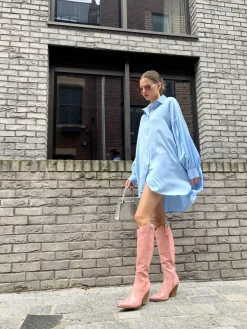 Glamorous Day Dresses|Satin Dresses|Pale-Blue Satin Shirt-Dress -
