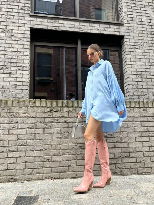 Glamorous Day Dresses|Satin Dresses|Pale-Blue Satin Shirt-Dress -