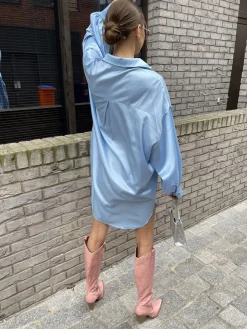 Glamorous Day Dresses|Satin Dresses|Pale-Blue Satin Shirt-Dress -