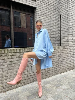 Glamorous Day Dresses|Satin Dresses|Pale-Blue Satin Shirt-Dress -