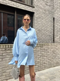 Glamorous Day Dresses|Satin Dresses|Pale-Blue Satin Shirt-Dress -