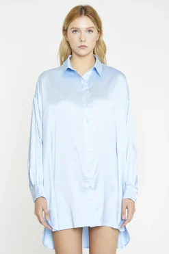 Glamorous Day Dresses|Satin Dresses|Pale-Blue Satin Shirt-Dress -