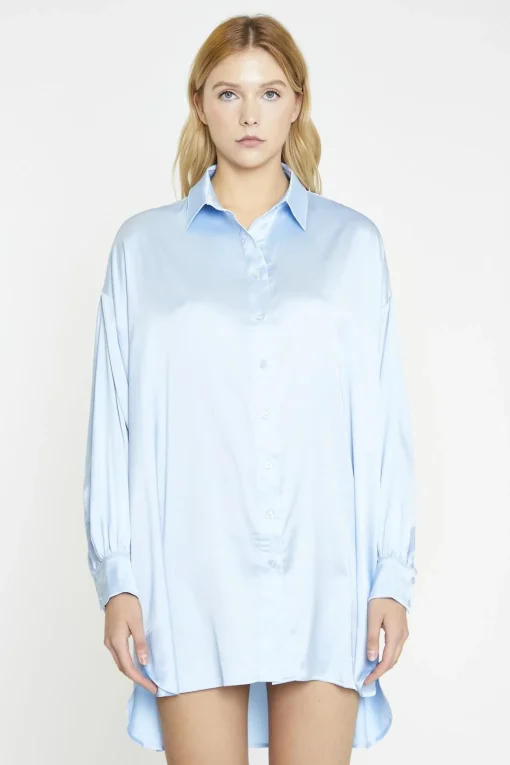 Glamorous Day Dresses|Satin Dresses|Pale-Blue Satin Shirt-Dress -