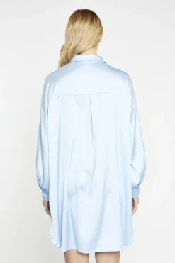 Glamorous Day Dresses|Satin Dresses|Pale-Blue Satin Shirt-Dress -