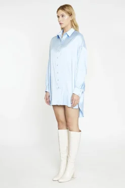 Glamorous Day Dresses|Satin Dresses|Pale-Blue Satin Shirt-Dress -