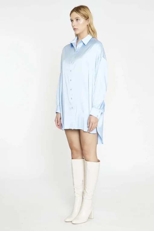 Glamorous Day Dresses|Satin Dresses|Pale-Blue Satin Shirt-Dress -