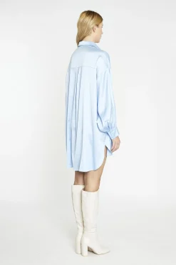 Glamorous Day Dresses|Satin Dresses|Pale-Blue Satin Shirt-Dress -