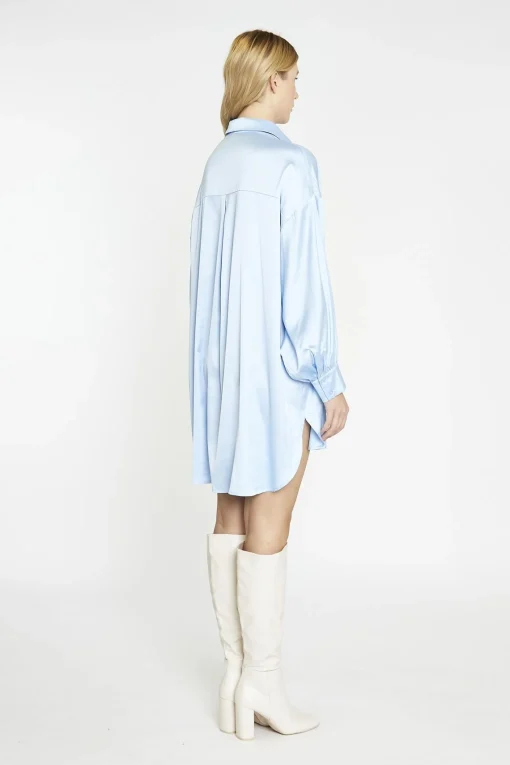 Glamorous Day Dresses|Satin Dresses|Pale-Blue Satin Shirt-Dress -