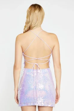 Glamorous Best Dressed Guest|Go To Partywear|Pale-Lilac Iridescent Tie-Back Mini-Dress -