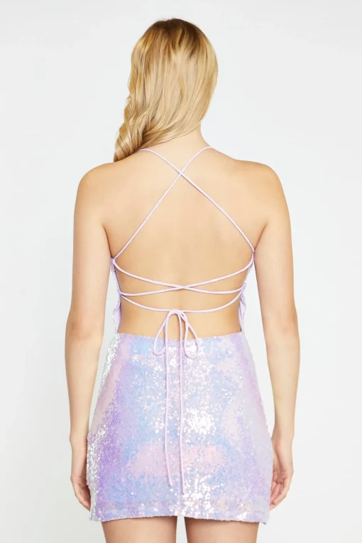 Glamorous Best Dressed Guest|Go To Partywear|Pale-Lilac Iridescent Tie-Back Mini-Dress -