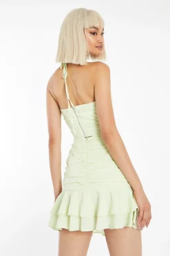 Glamorous Best Dressed Guest|Go To Partywear|Pale-Lime Ruched Front Ruffle Mini-skirt -