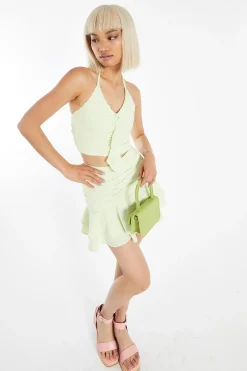 Glamorous Best Dressed Guest|Go To Partywear|Pale-Lime Ruched Front Ruffle Mini-skirt -