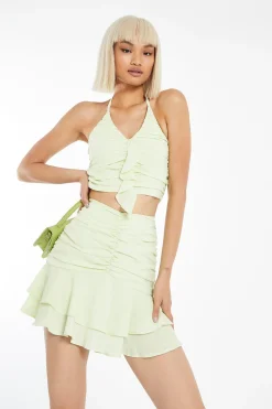 Glamorous Best Dressed Guest|Go To Partywear|Pale-Lime Ruched Halter-Neck Ruffle Crop-Top -