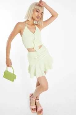 Glamorous Best Dressed Guest|Go To Partywear|Pale-Lime Ruched Halter-Neck Ruffle Crop-Top -