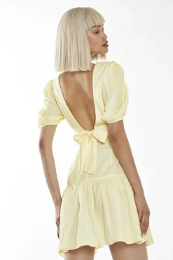 Glamorous Day Dresses|Mini Dresses|Pale-Yellow Pleated-Open-Back Mini-Dress -