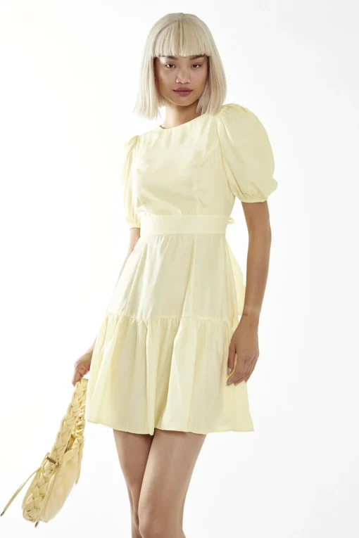 Glamorous Day Dresses|Mini Dresses|Pale-Yellow Pleated-Open-Back Mini-Dress -