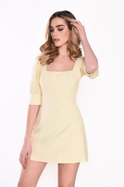 Glamorous Mini Dresses|Mini Dresses|Pale-Yellow 3/4-Sleeve-Square-Neck Mini-dress -